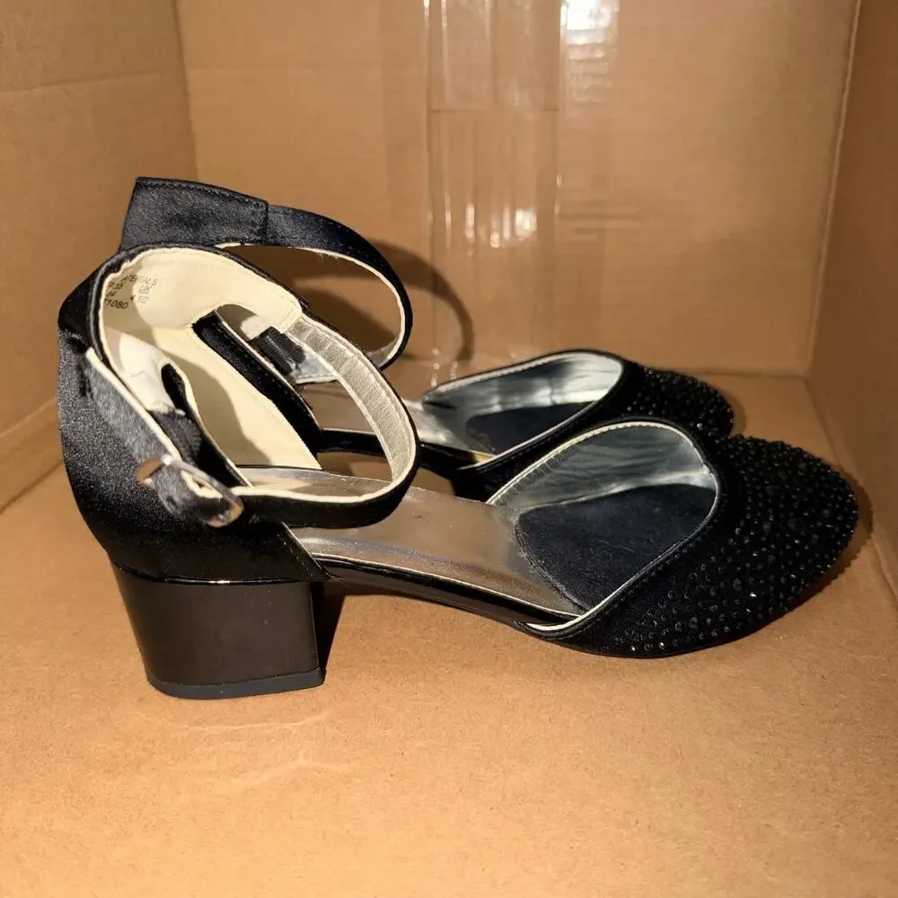 Sparkle & Tux Girls Womens Dress Shoes Black Satin Block Heel Ankle Strap Size 5